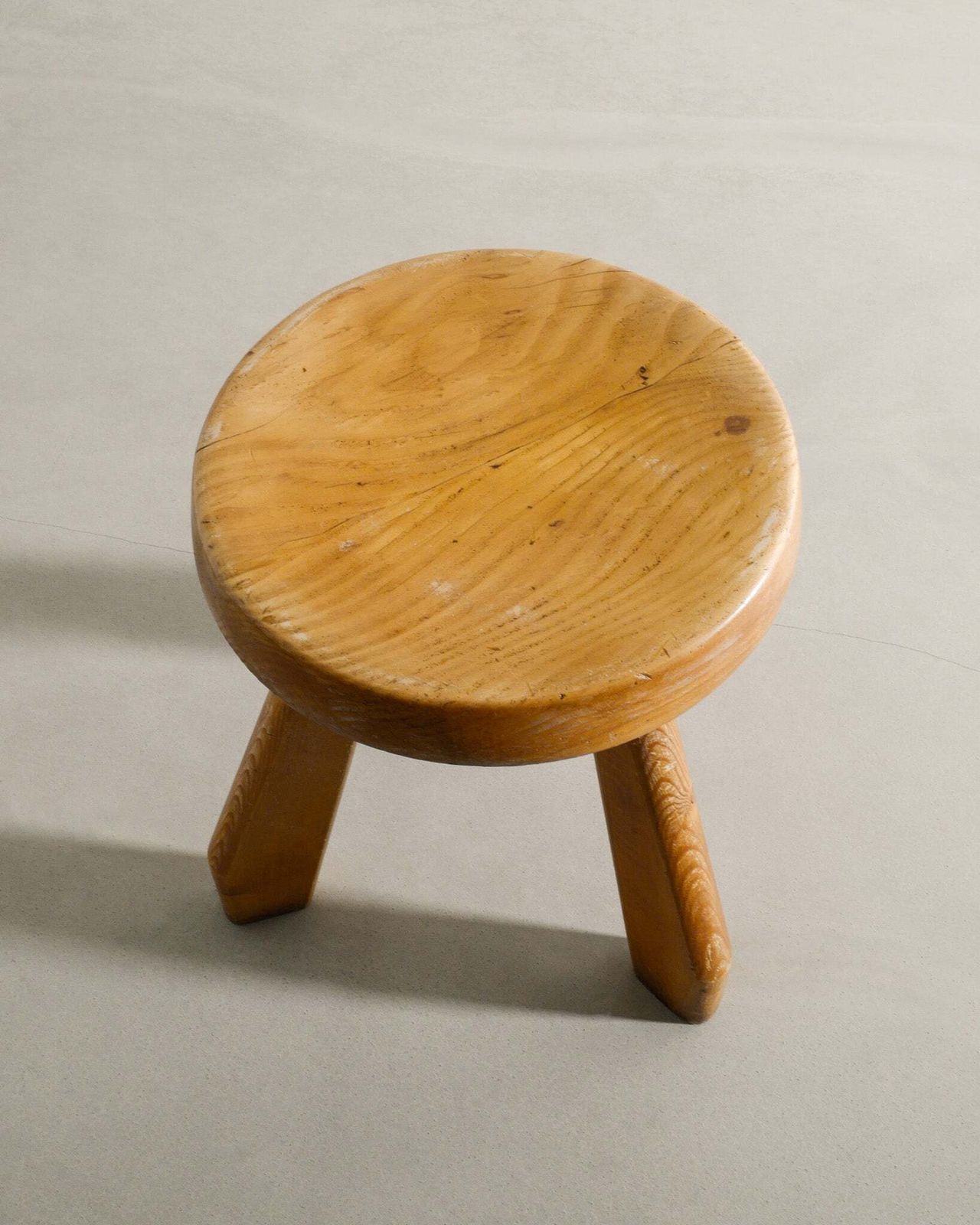 Original French Mid Century Tripod Wooden High "Sandoz" Pine Stool For Les Arcs By Charlotte Perriand, 1960s photo for sale