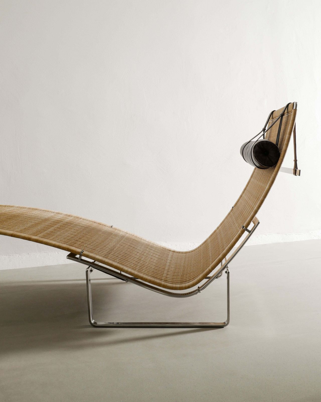 Danish Mid Century Sculptural Chaise Lounge "Pk24" Chair In Rattan, Steel & Leather By Poul Kjærholm For E. Kold Christensen Denmark, 1960s
