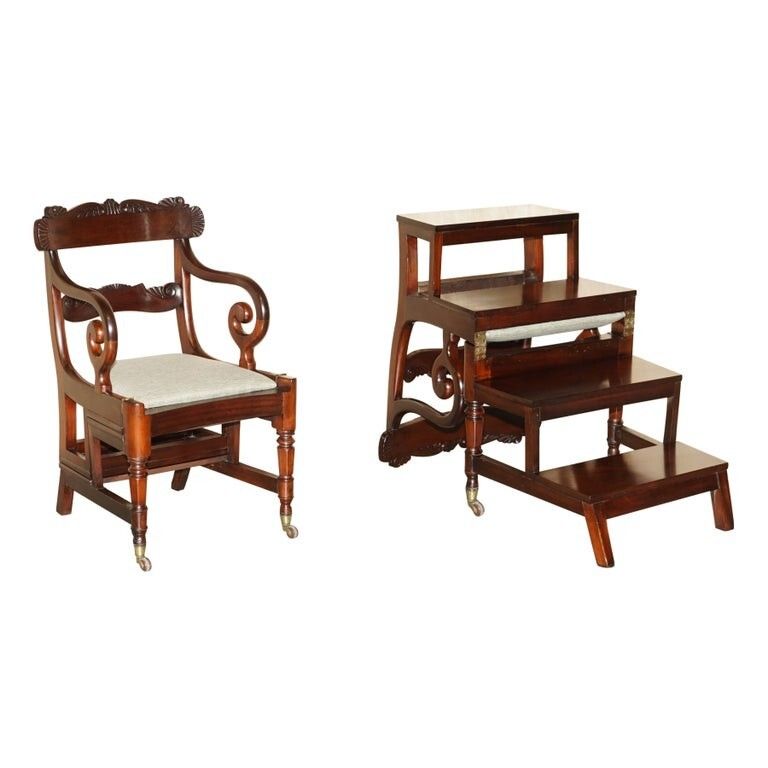 Antique 1830 William IV Flamed Mahogany Metamorphic Library Armchair Steps