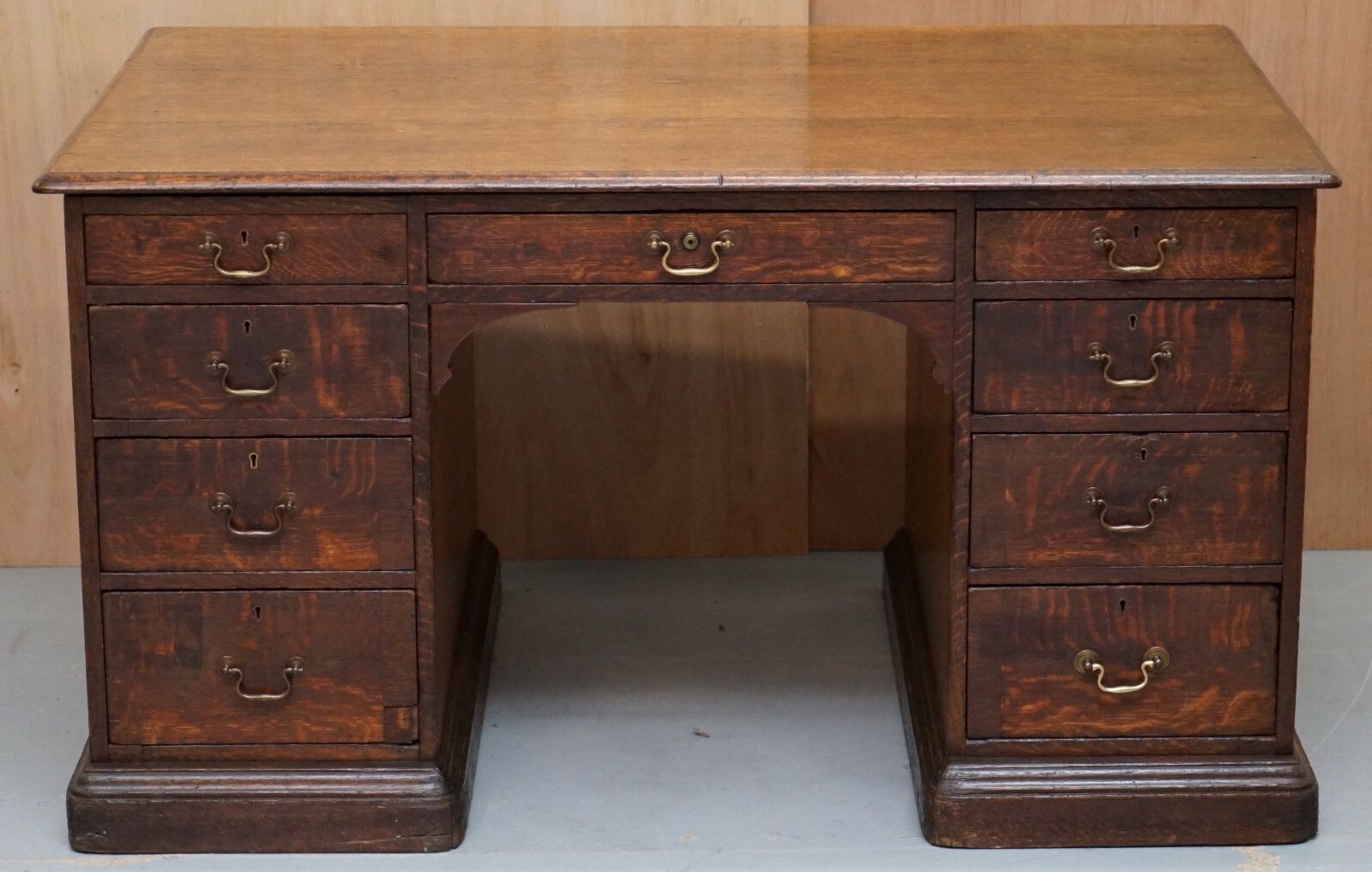 Stamped Gillows Lancaster Double Sided Twin Pedestal Partner Desk Figured Oak photo for sale