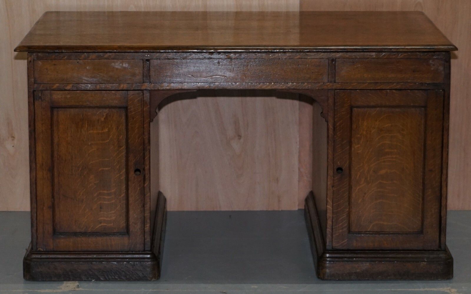 photo furniture Stamped Gillows Lancaster Double Sided Twin Pedestal Partner Desk Figured Oak
