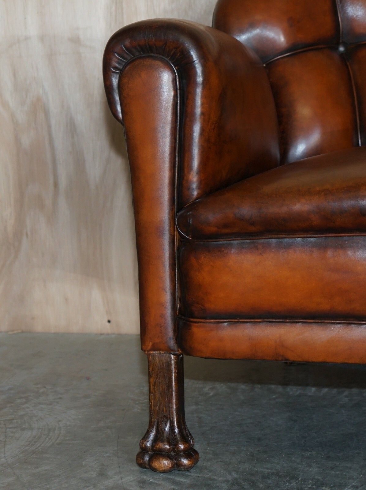 Fine Antique Victorian Brown Leather Chesterfield Sofa Oak Lions Hairy Paw Feet photo buy