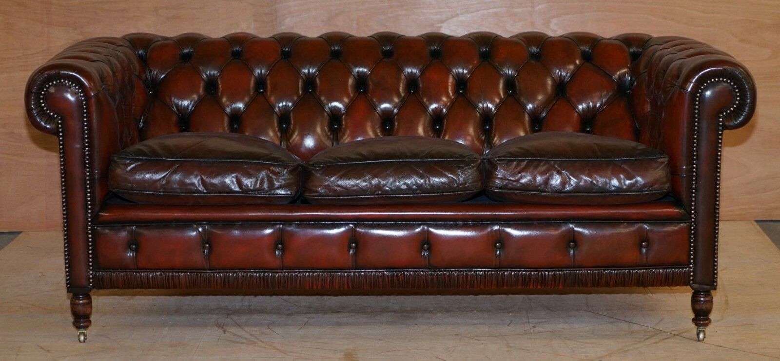 Restored Vintage Oxblood Bordeaux Leather Chesterfield Club Sofa On Turned Legs photo furniture
