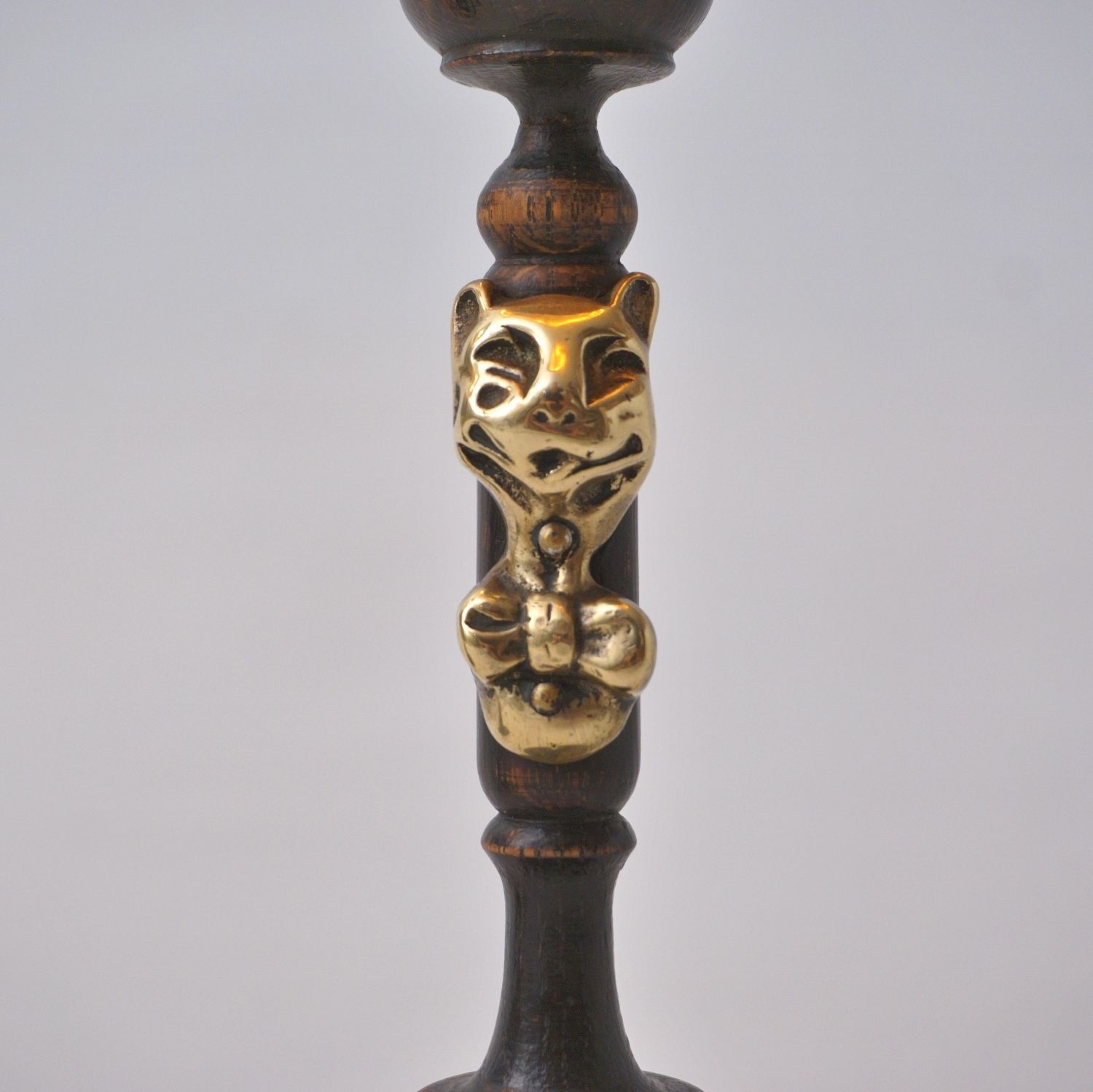 Pair Antique Candlestick Table Lamps, Cheshire Cat, Lewis Carroll Alice In Wonderland, Brass & Oak, 1920`s Ca, English   Rewired photo for sale