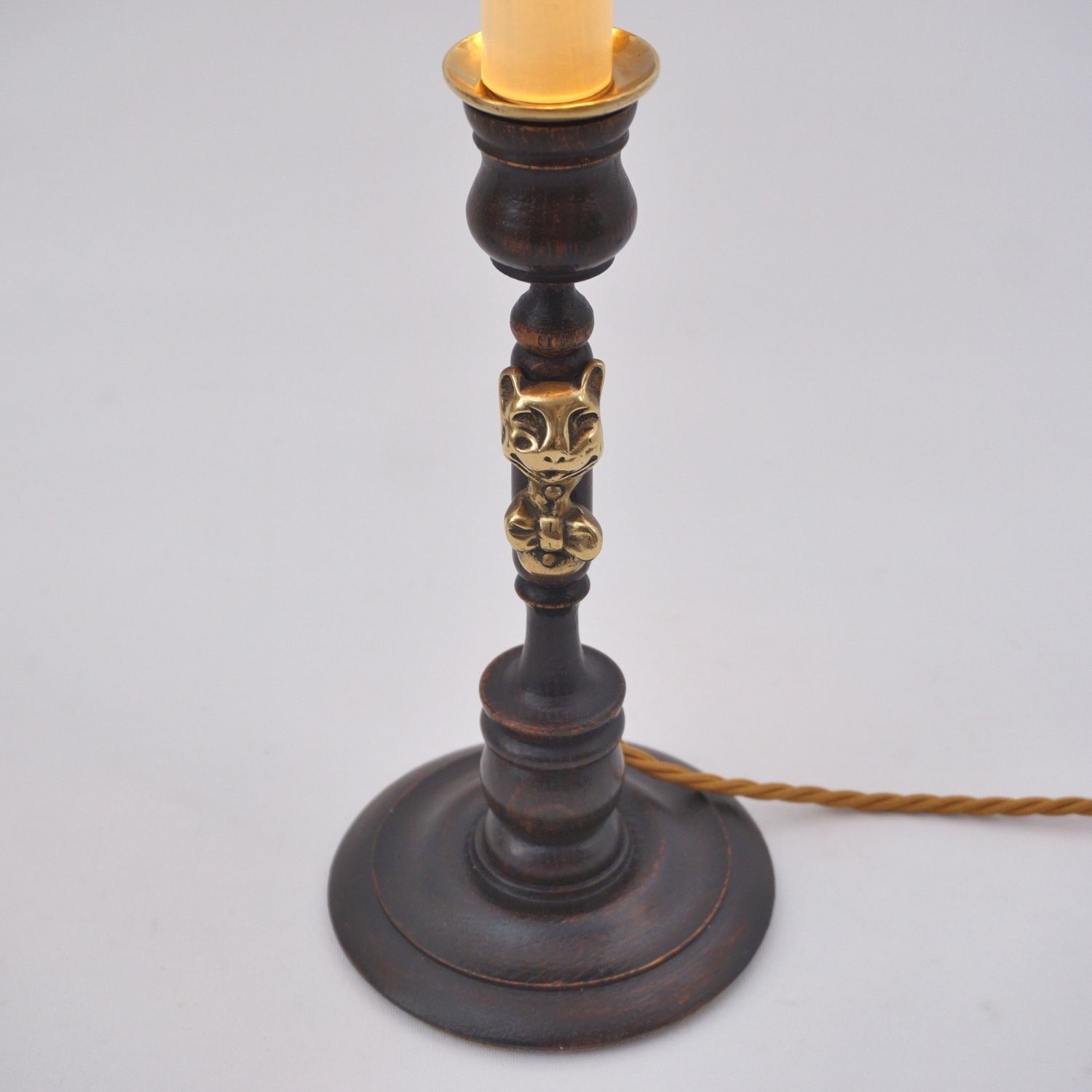 Pair Antique Candlestick Table Lamps, Cheshire Cat, Lewis Carroll Alice In Wonderland, Brass & Oak, 1920`s Ca, English   Rewired photo 690.0