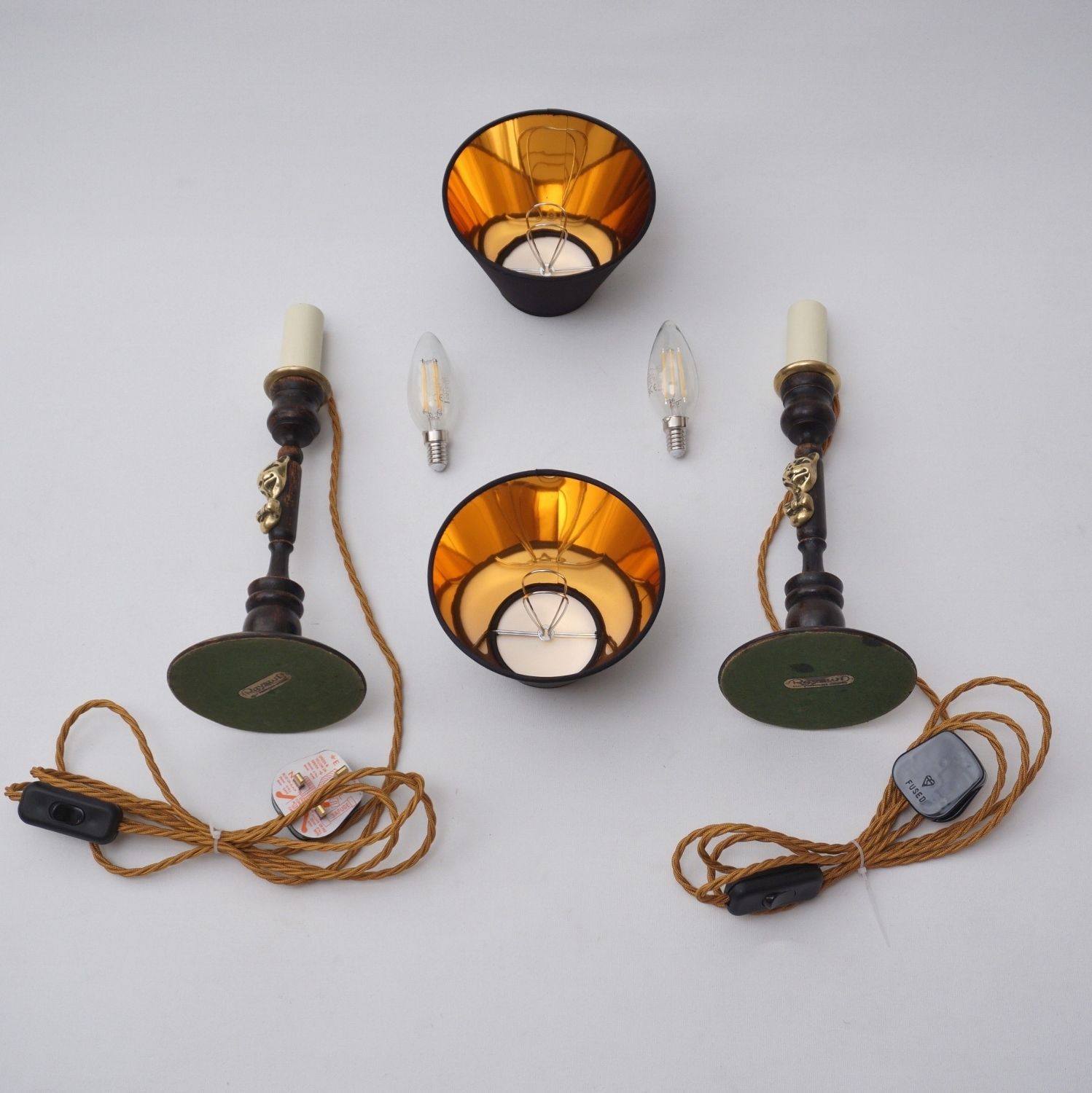 photo for sale Pair Antique Candlestick Table Lamps, Cheshire Cat, Lewis Carroll Alice In Wonderland, Brass & Oak, 1920`s Ca, English   Rewired