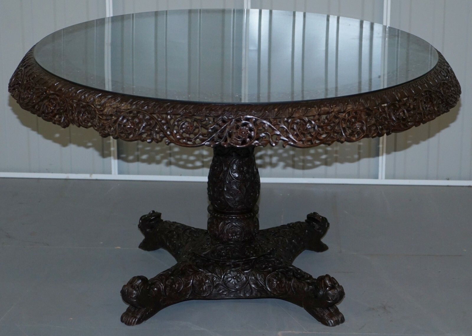 Rare 19th Cenutry Anglo Indian Padauk Table Hand Carved Rosewood Lions & Flowers photo furniture