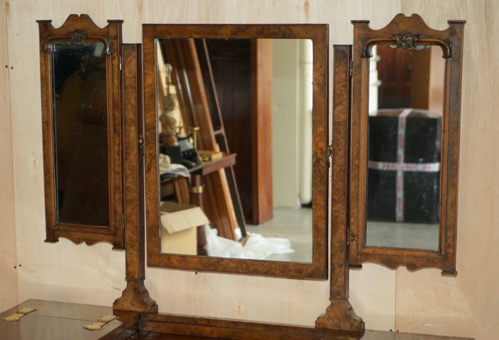 Important Burr & Burl Gothic Antique Dressing Table With Polished Brass Fittings photo for sale