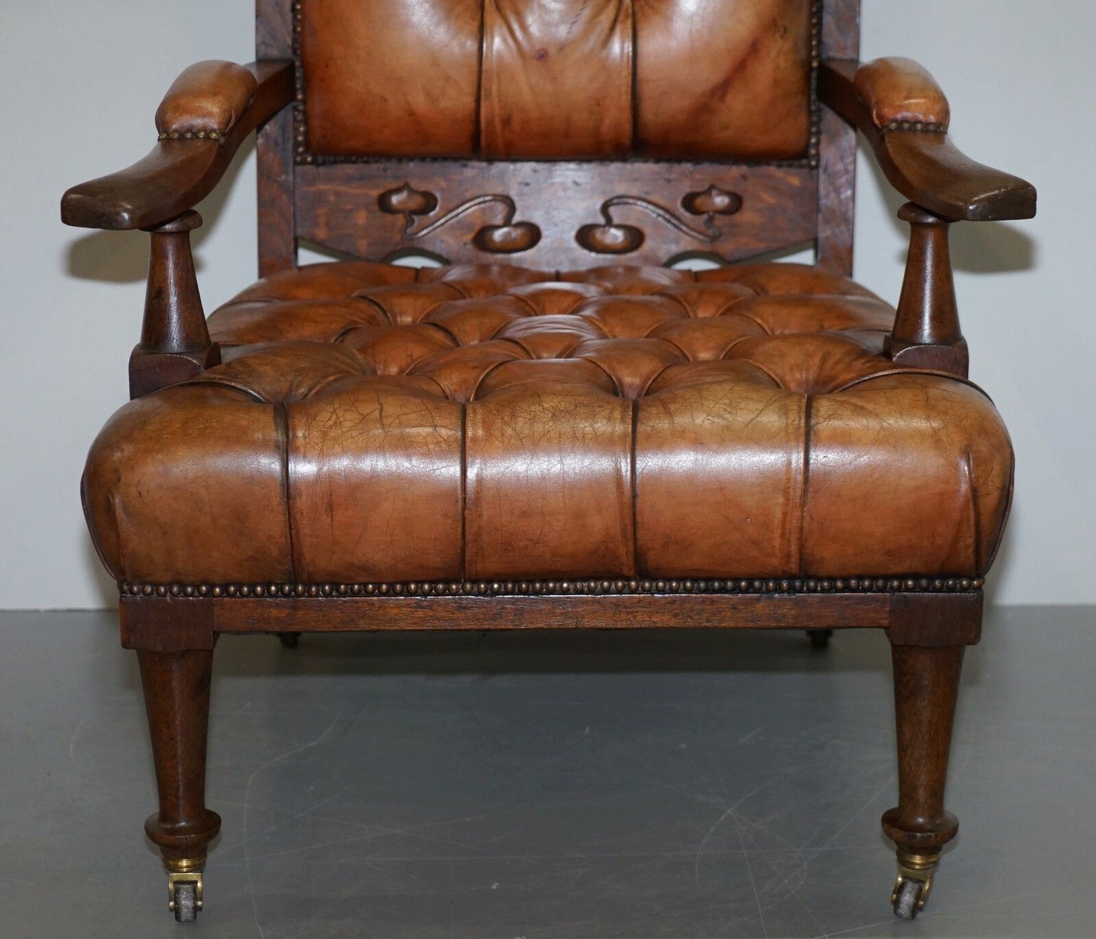 Pair Of Libertys London Style Art Nouveau Chesterfield Brown Leather Armchairs photo vinterior