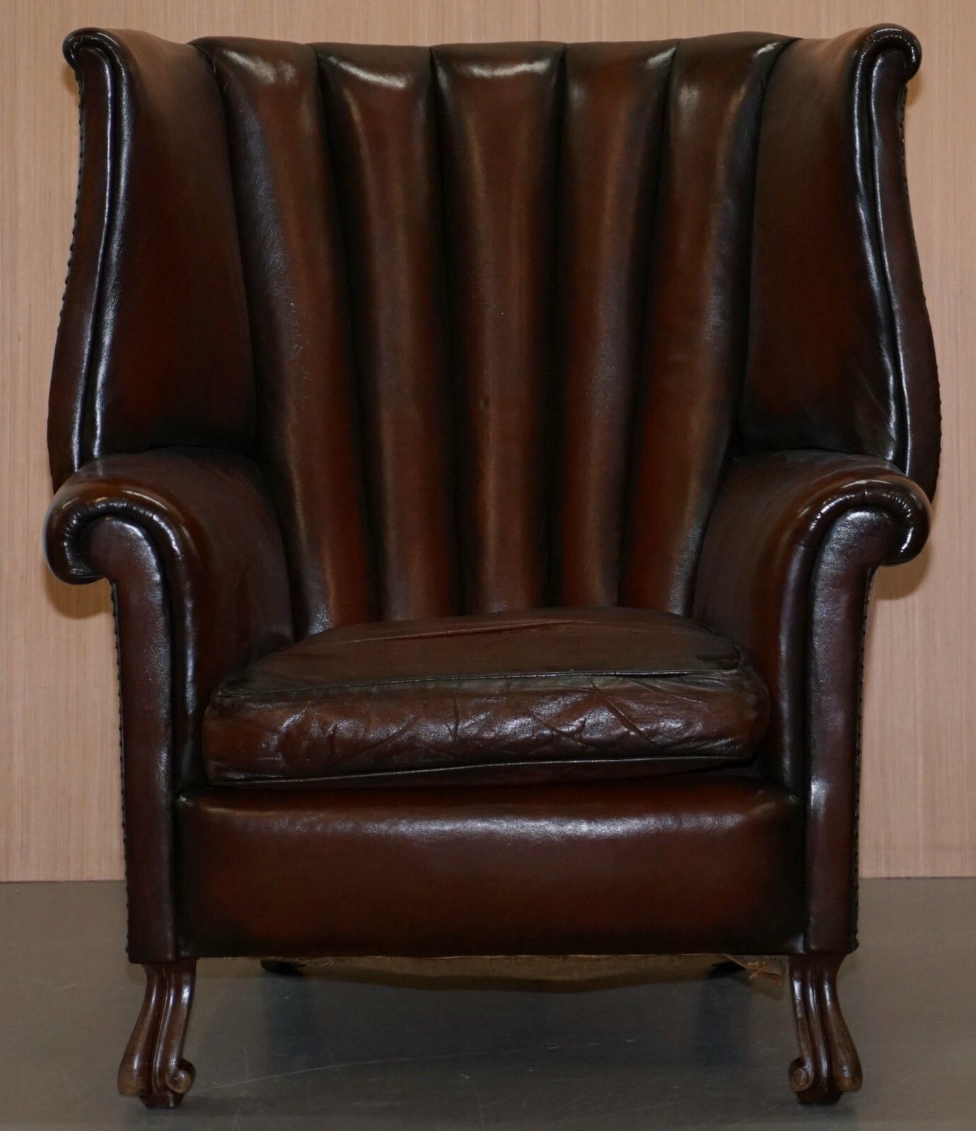 photo for sale Rare Circa 1860 Huge Victorian Brown Leather Barrel Back Suite Sofa Armchair