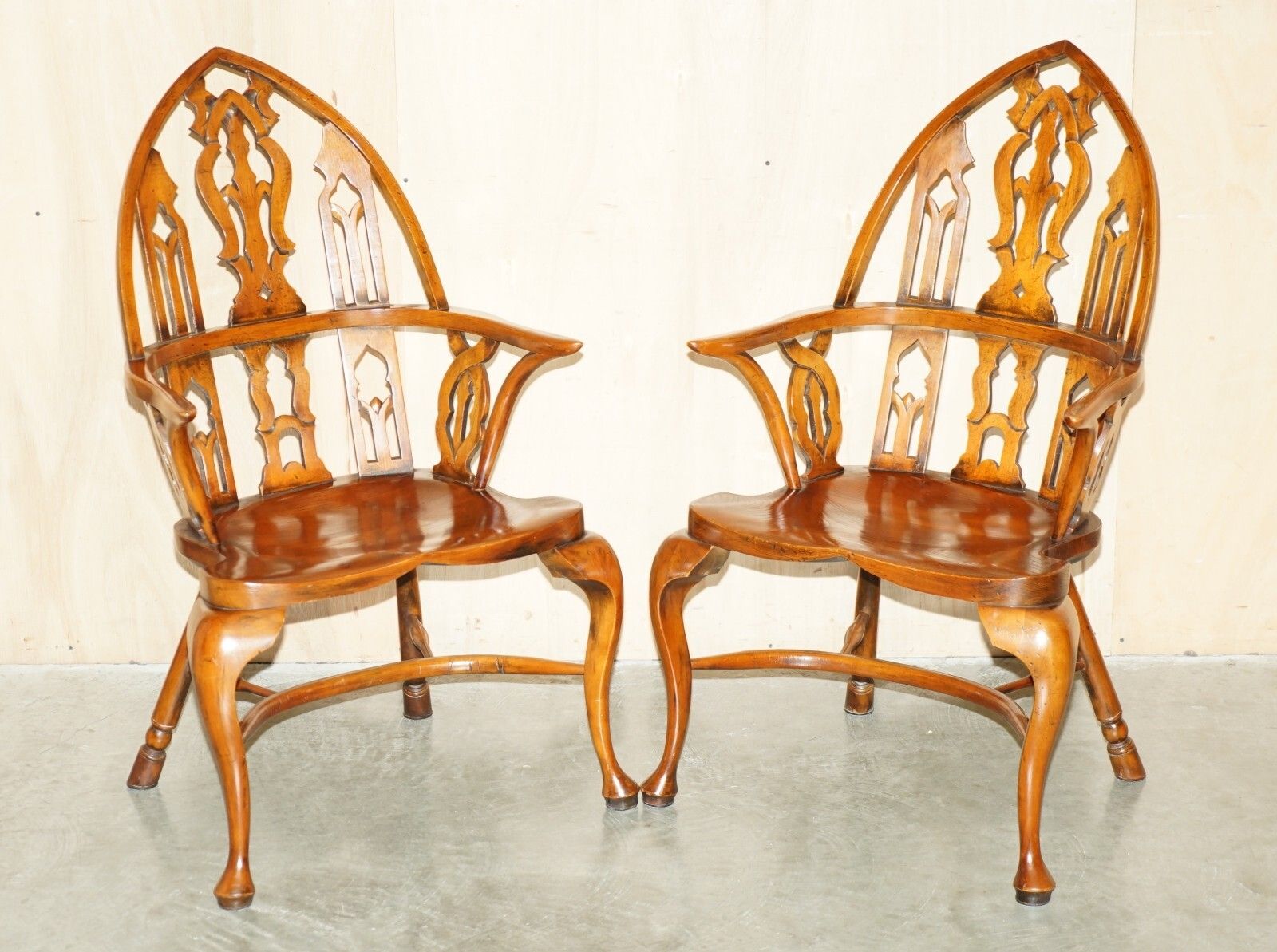 Four Fine Fully Restored Gothic Windsor Steeple Back Burr Yew & Elm Armchairs photo furniture