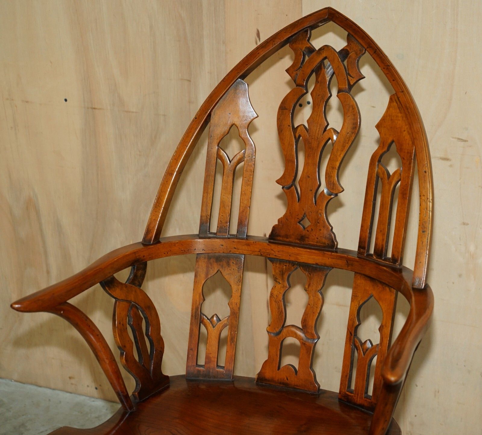 Four Fine Fully Restored Gothic Windsor Steeple Back Burr Yew & Elm Armchairs photo vinterior