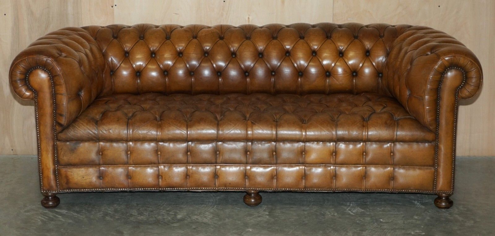 1950's Hand Dyed Restored Cigar Brown Leather Chesterfield Club Sofa English photo furniture