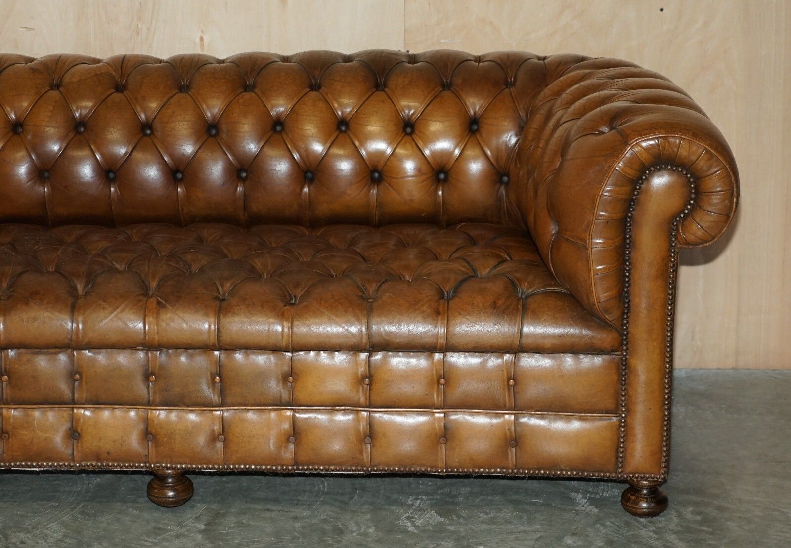 1950's Hand Dyed Restored Cigar Brown Leather Chesterfield Club Sofa English photo Furniture