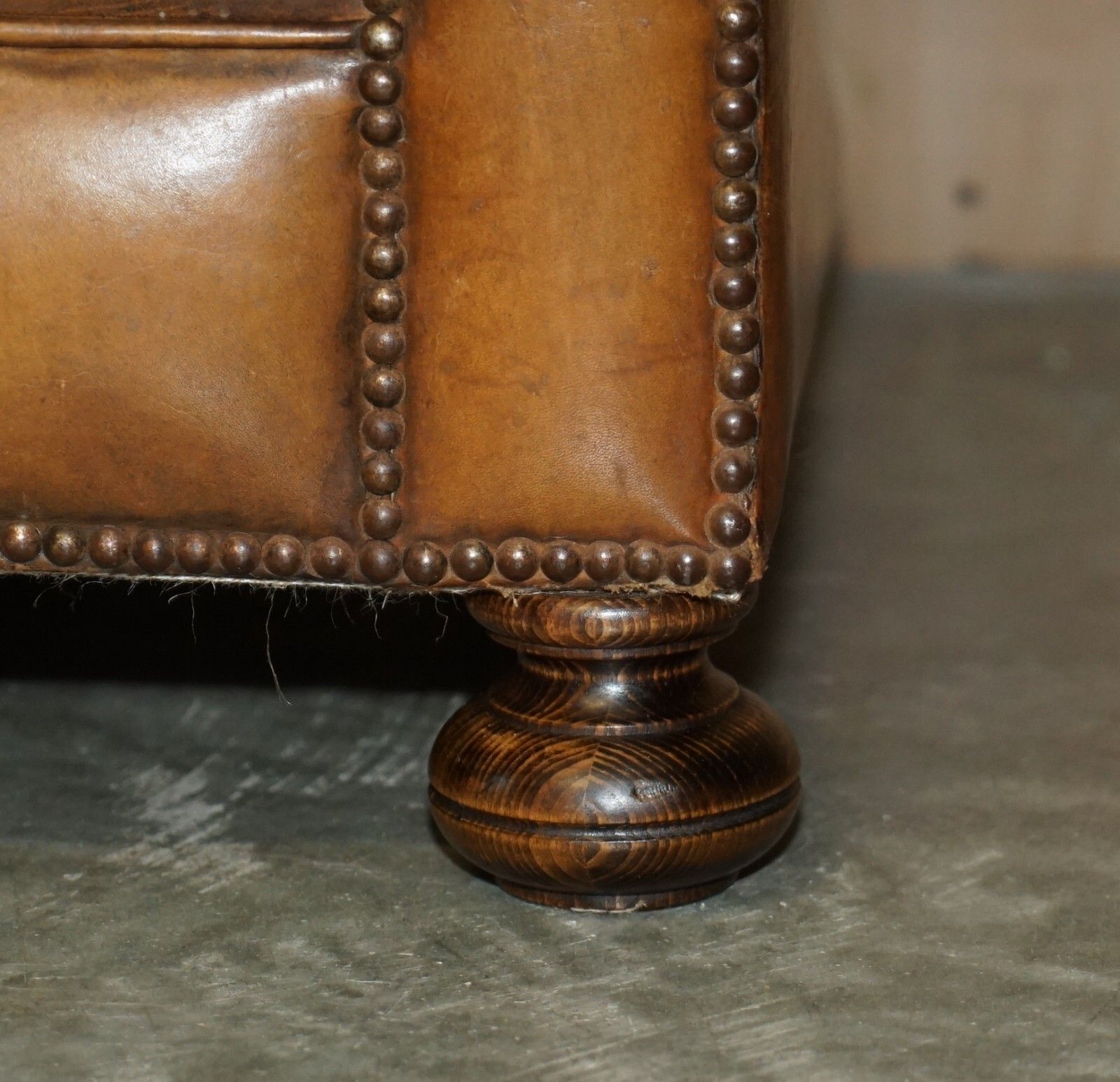Furniture 1950's Hand Dyed Restored Cigar Brown Leather Chesterfield Club Sofa English photo