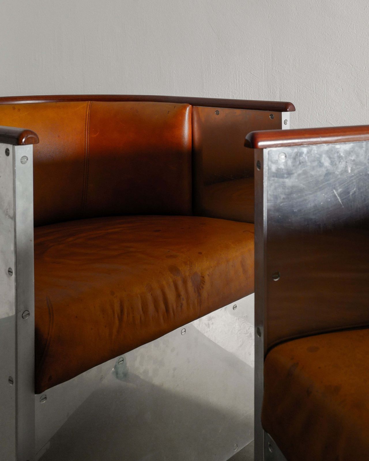 Pair Of Swedish Contemporary Armchairs In Wood And Patinated Brown Leather By Mats Theselius For Källemo Sweden, 1990s photo vintage