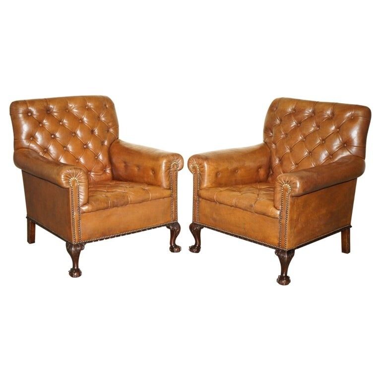Pair Of Antique Victorian Chesterfield Brown Leather Armchairs Claw & Ball Feet