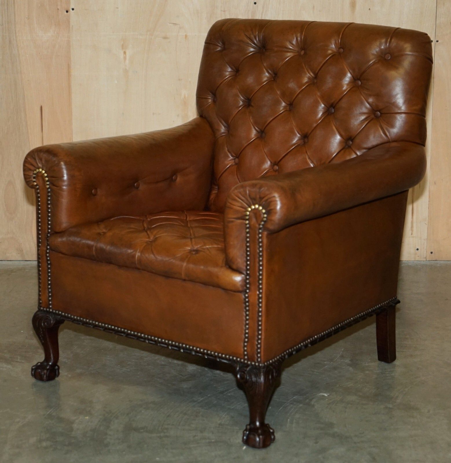 Pair Of Antique Victorian Chesterfield Brown Leather Armchairs Claw & Ball Feet photo for sale