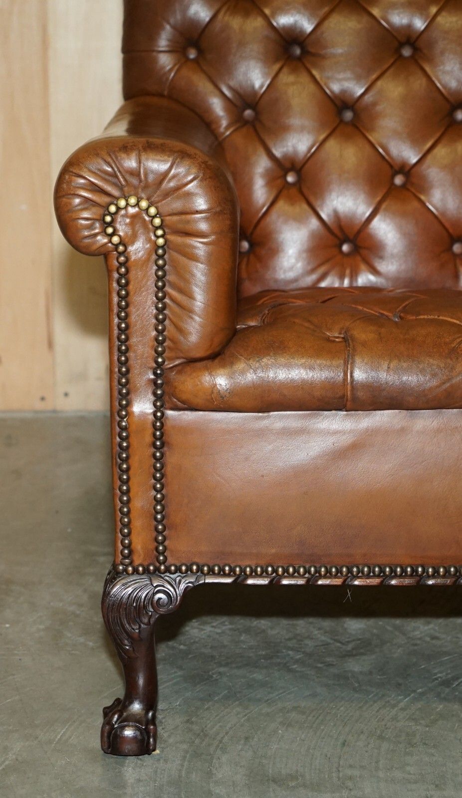 Pair Of Antique Victorian Chesterfield Brown Leather Armchairs Claw & Ball Feet photo buy