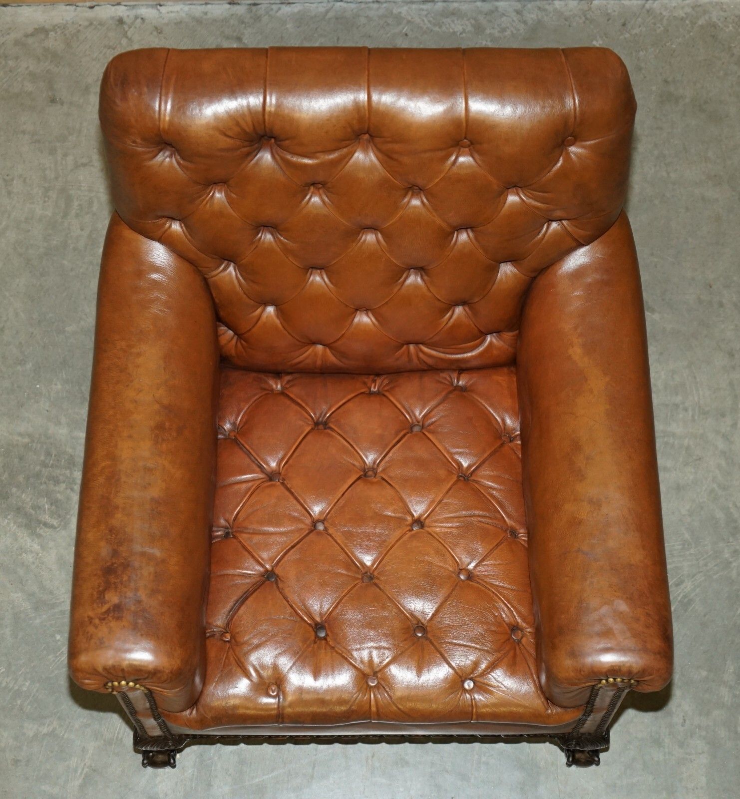 photo for sale Pair Of Antique Victorian Chesterfield Brown Leather Armchairs Claw & Ball Feet