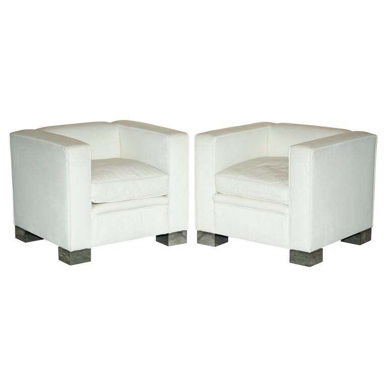 Pair Of Rrp £15,500 Viscount David Linley Ivory White Leather Max Club Armchairs