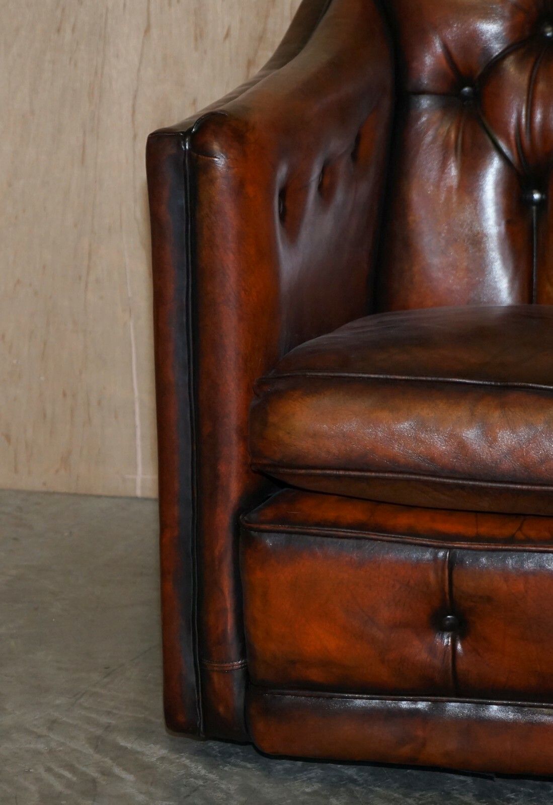 Circa 1920 Art Deco Fully Restored Chesterfield Brown Leather Sofa Part Suite photo for sale