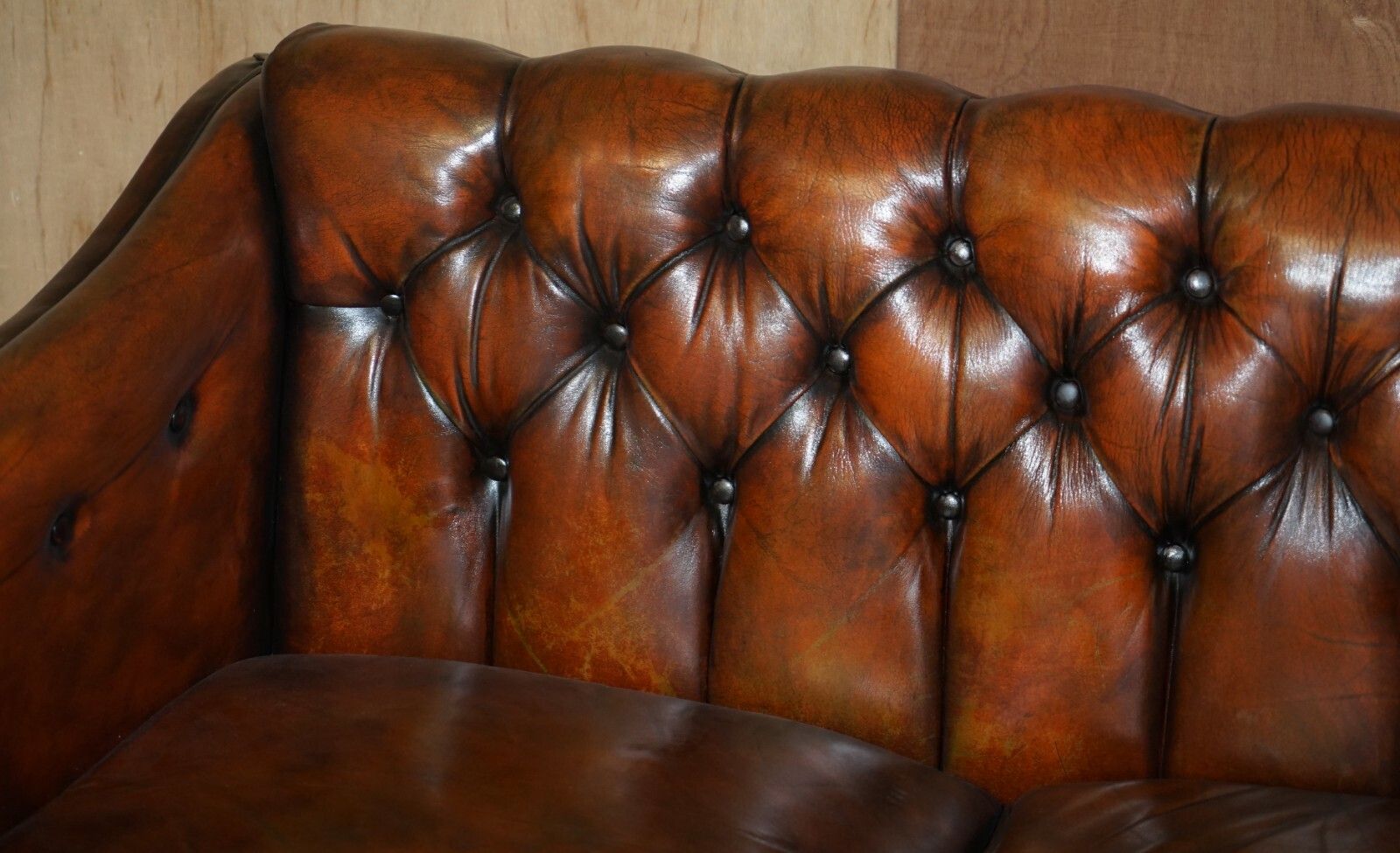 Circa 1920 Art Deco Fully Restored Chesterfield Brown Leather Sofa Part Suite photo buy
