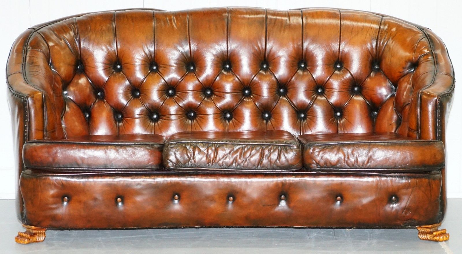 Brown Leather Curved Back Chesterfield Suite Sofa Armchairs Lion Hairy Paw Feet photo for sale