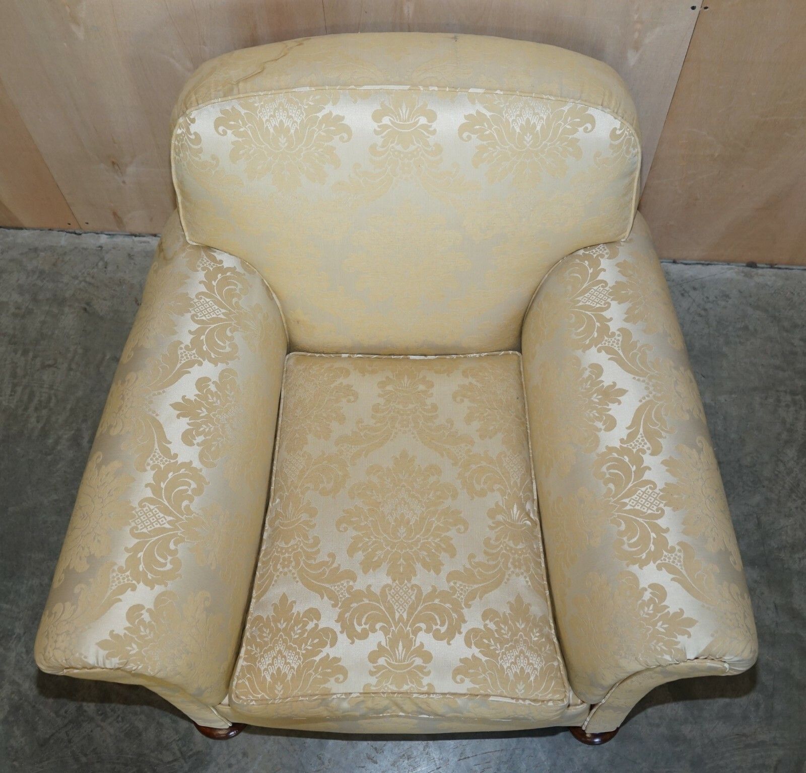 Antique Victorian Sofa & Armchair Club Suite Damask Upholstery Turned Bun Feet photo 7200.0