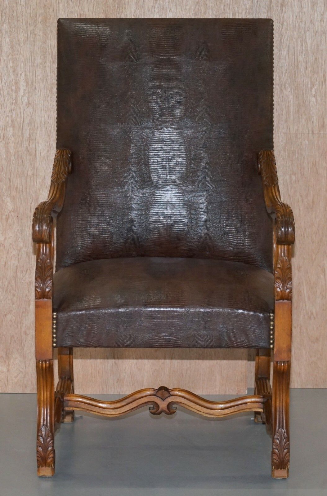 photo for sale Suite Of 10 Carolean Dining Chairs With Crocodile Alligator Patina Leather Ten