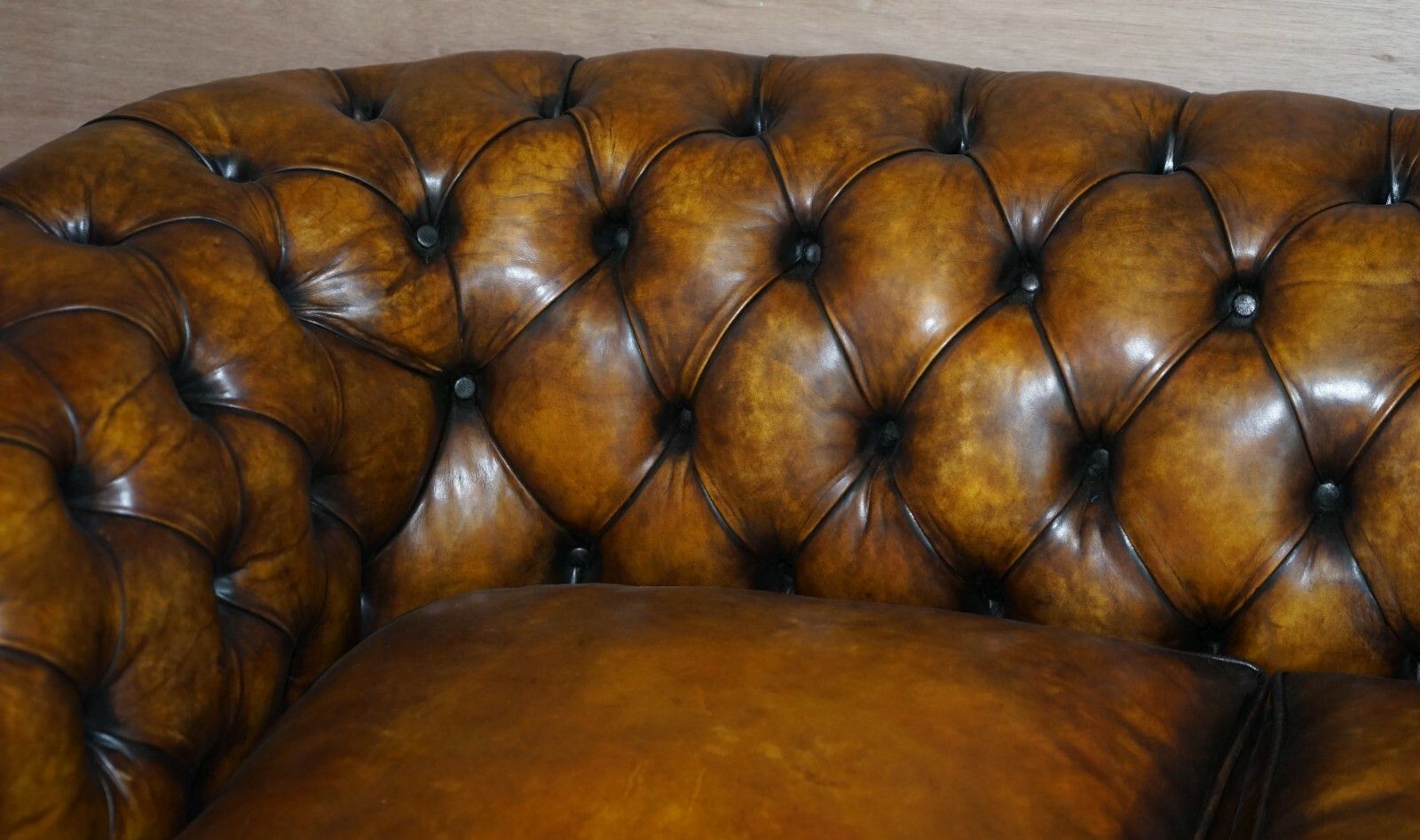Restored Rich Cigar Brown Leather Chesterfield Club Sofa Feather Filled Cushions photo vinterior