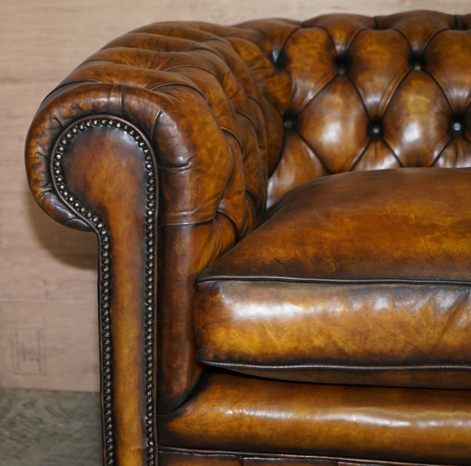 photo furniture Restored Rich Cigar Brown Leather Chesterfield Club Sofa Feather Filled Cushions
