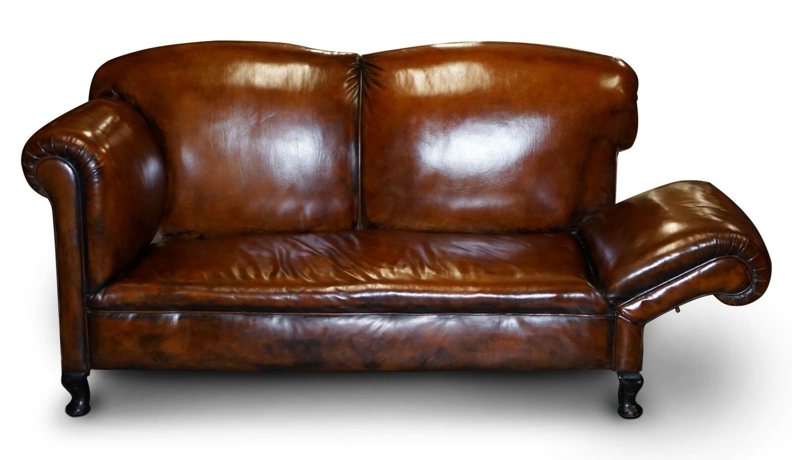 photo for sale Fully Restored Whisky Brown Leather Drop Arm Chaise Lounge Sofa Horse Hair Fill
