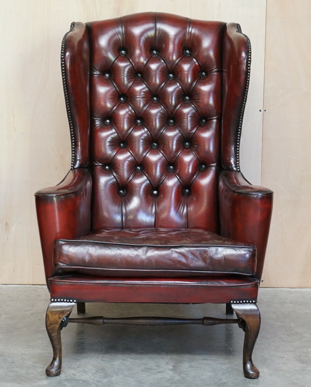 Pair Of William Morris Flat Arm Chesterfield Wingback Bordeaux Leather Armchairs photo for sale