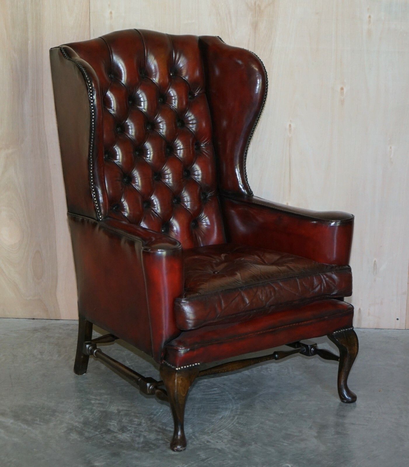 Furniture Pair Of William Morris Flat Arm Chesterfield Wingback Bordeaux Leather Armchairs photo