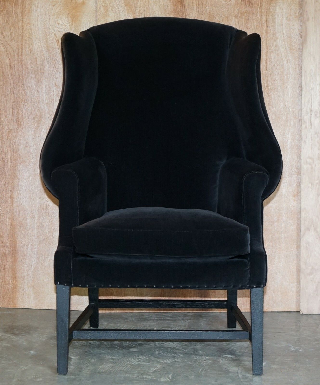 Pair Of Vintage Black Velvet Upholstered George Hepplewhite Wingback Armchairs photo for sale
