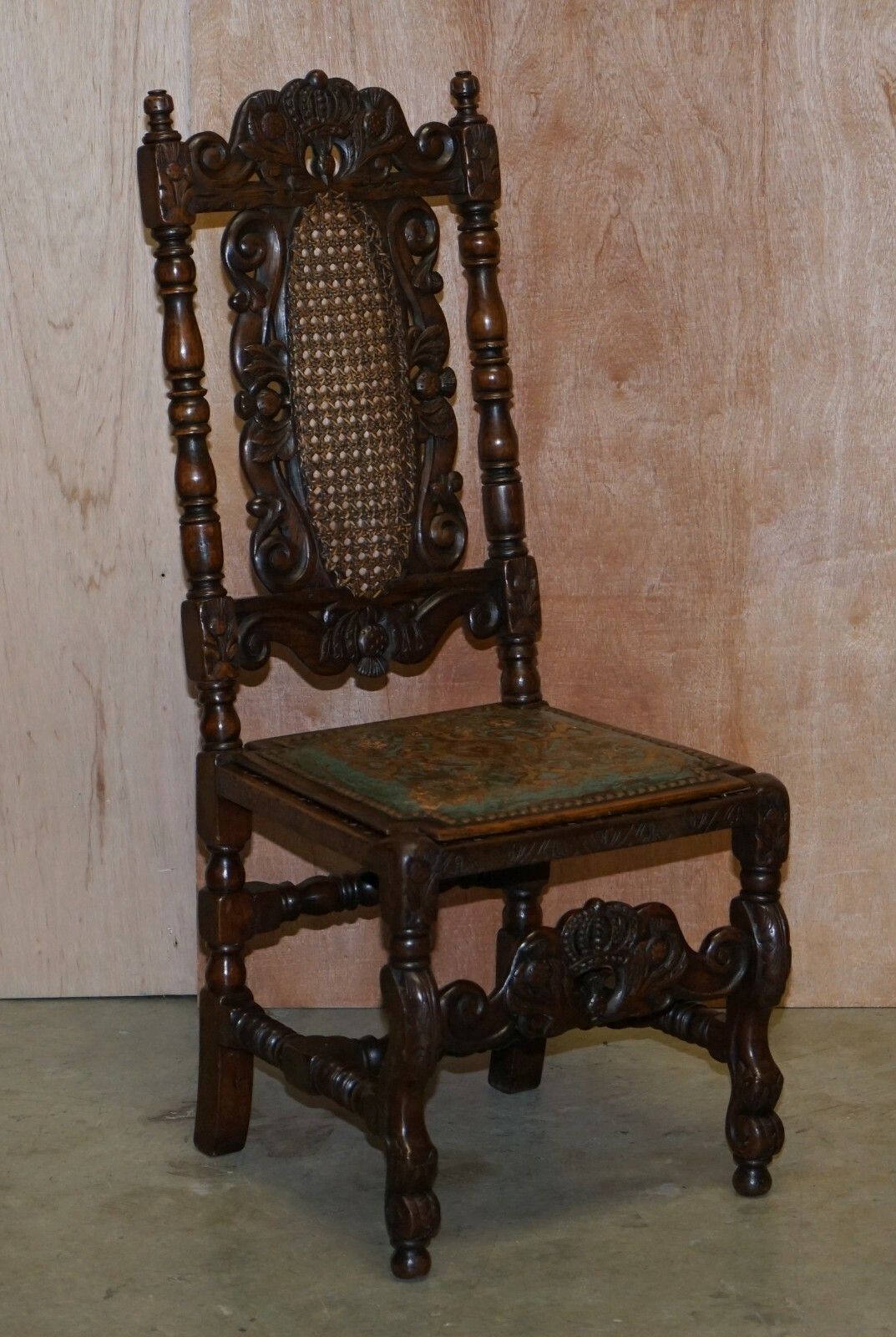 Eight Carved Jacobean Throne Dining Chairs Hand Painted & Embossed Leather Seats photo furniture