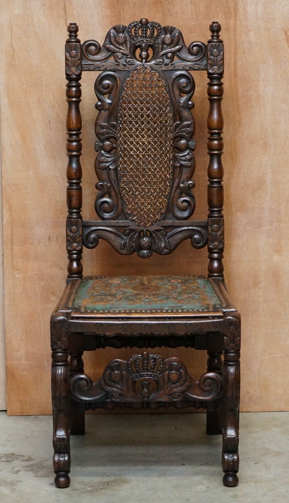 Eight Carved Jacobean Throne Dining Chairs Hand Painted & Embossed Leather Seats photo for sale