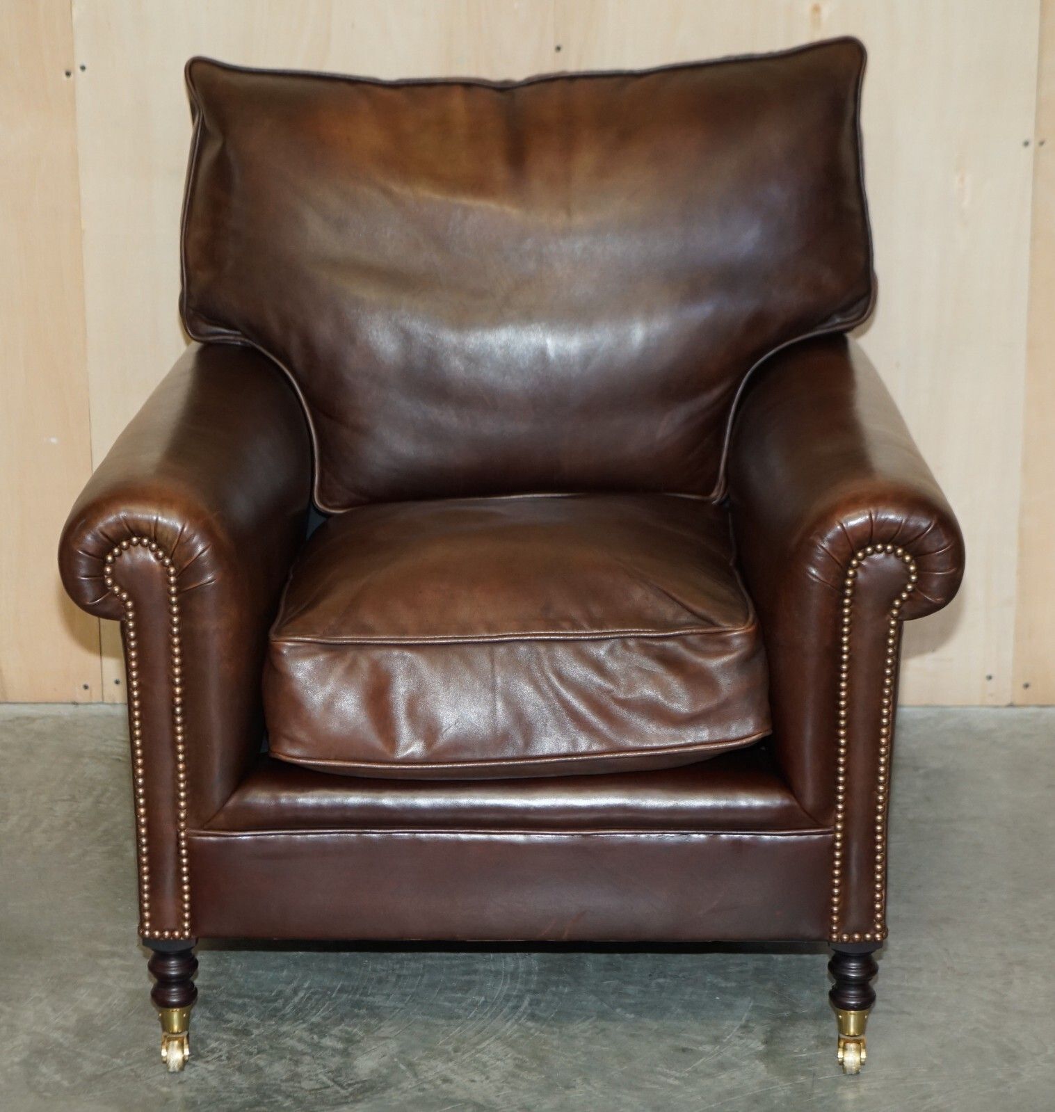 George Smith Chelsea Signature Full Scroll Arm Brown Leather Armchair & Ottoman photo for sale
