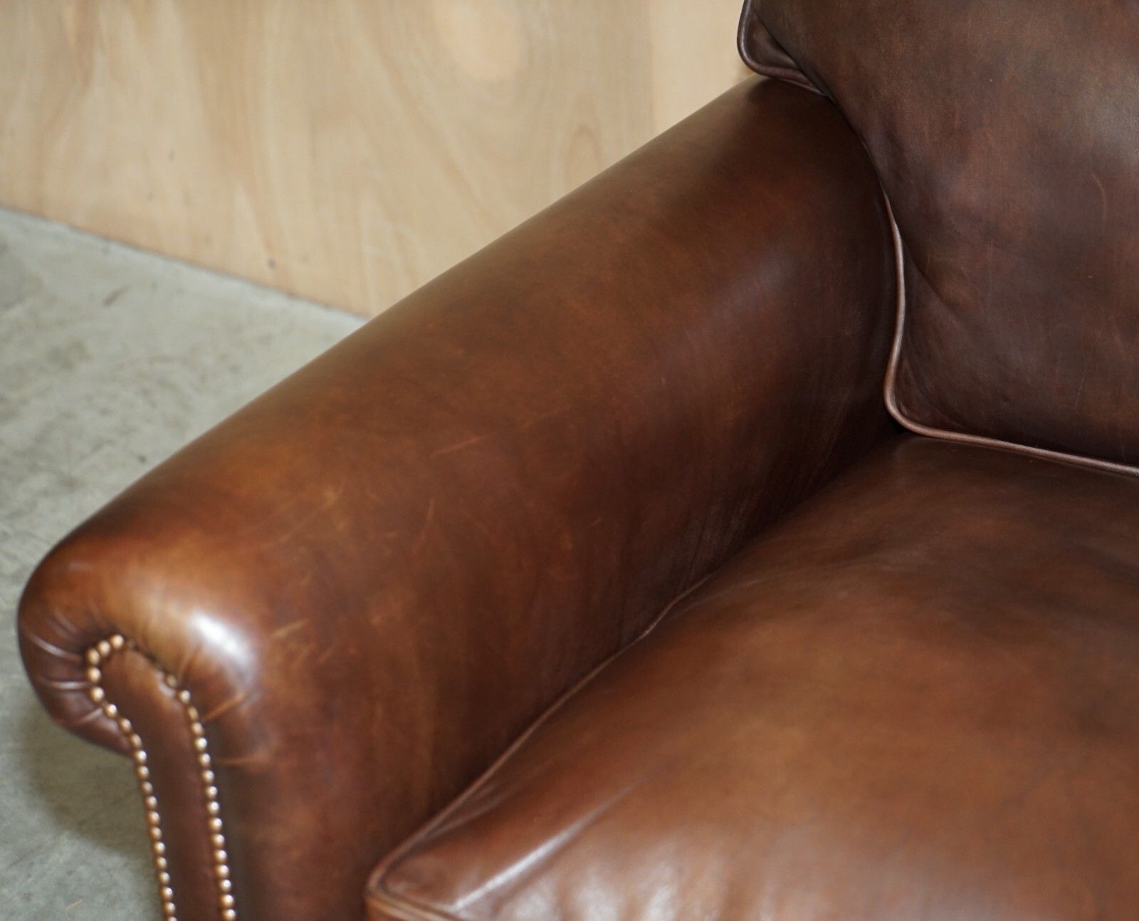 George Smith Chelsea Signature Full Scroll Arm Brown Leather Armchair & Ottoman photo vinterior