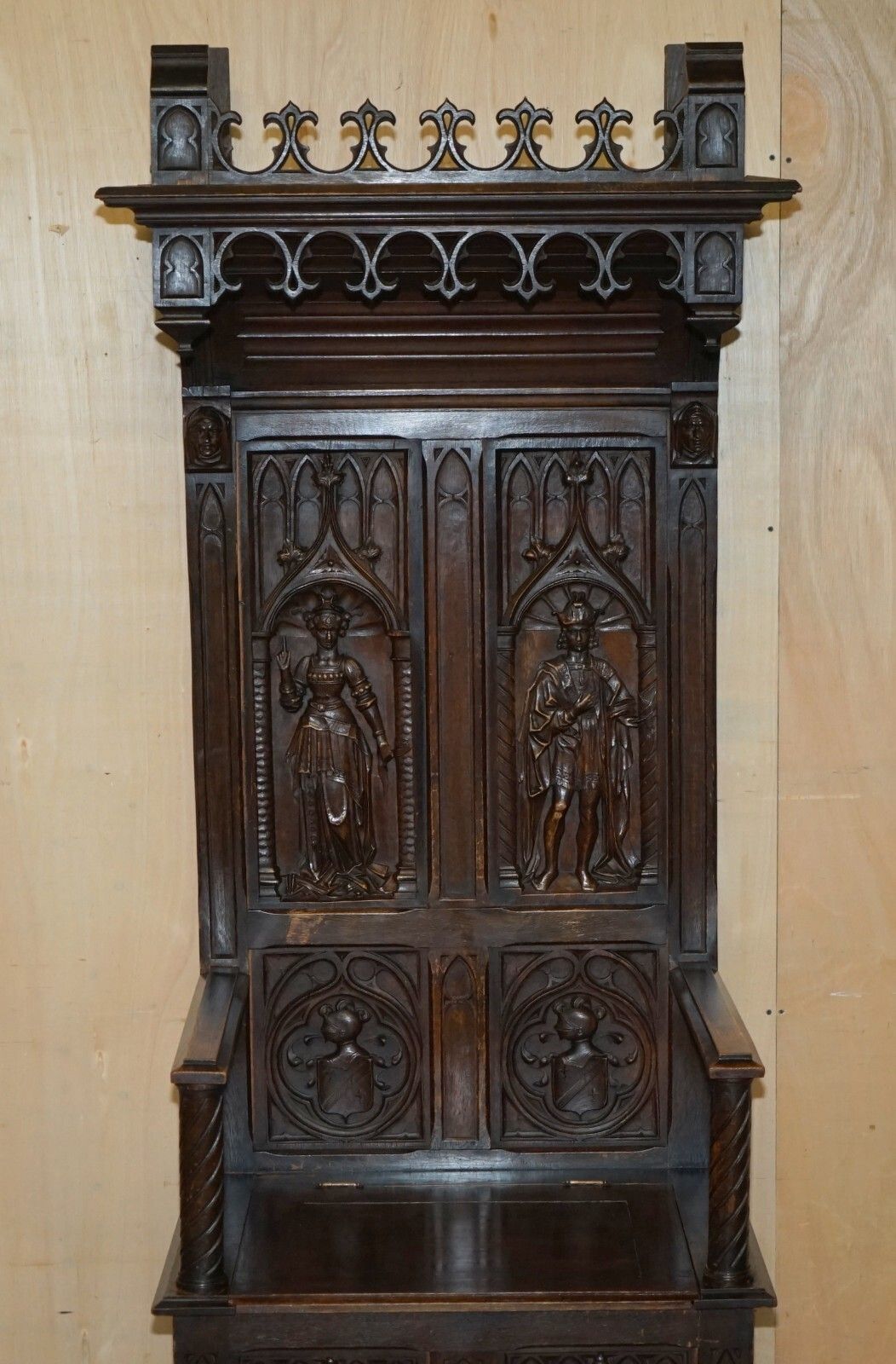 Fine Antique Circa 1860 Jacobean Gothic Revival Hand Carved Porters Hall Chair photo for sale