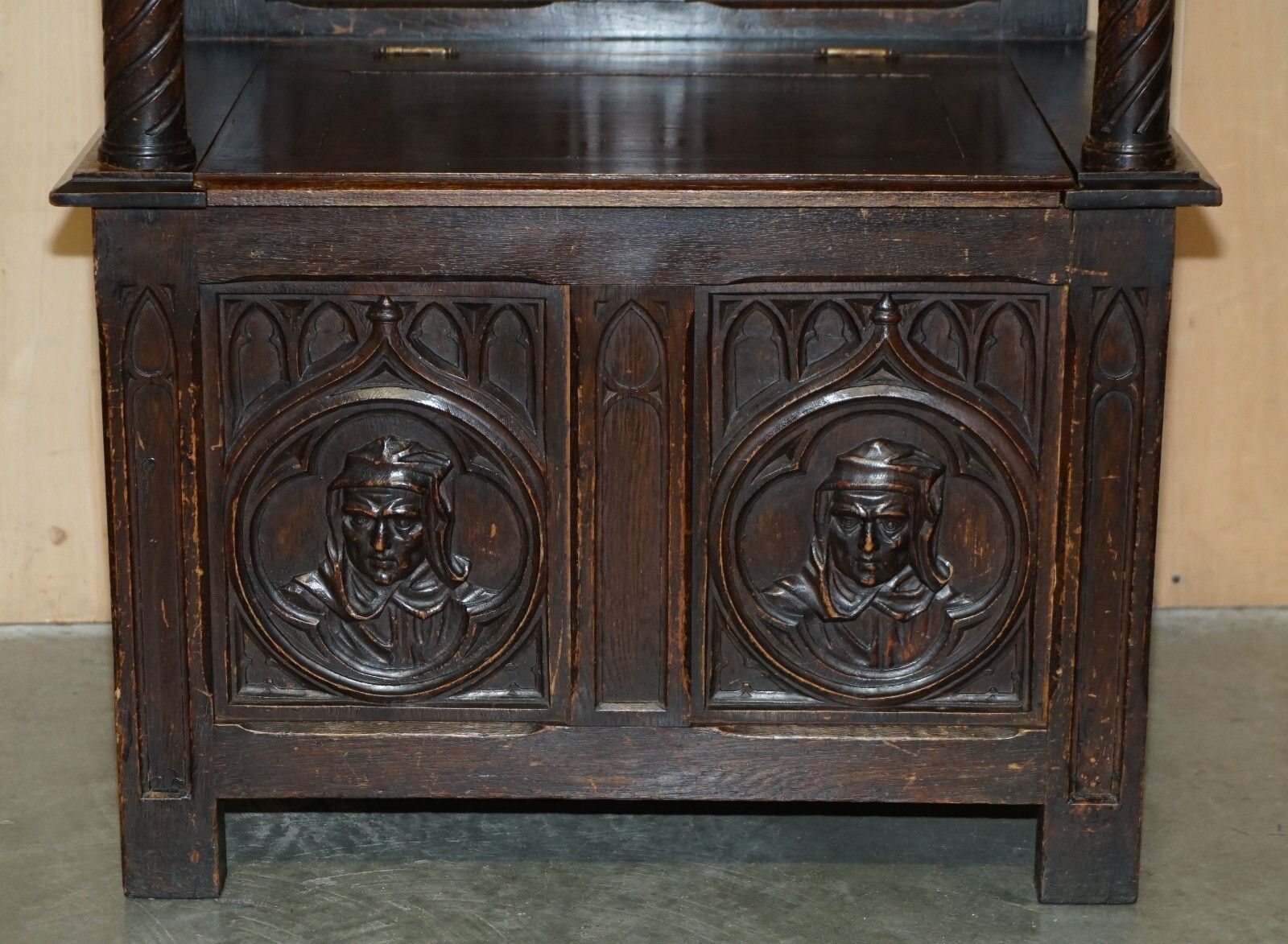 photo buy Fine Antique Circa 1860 Jacobean Gothic Revival Hand Carved Porters Hall Chair