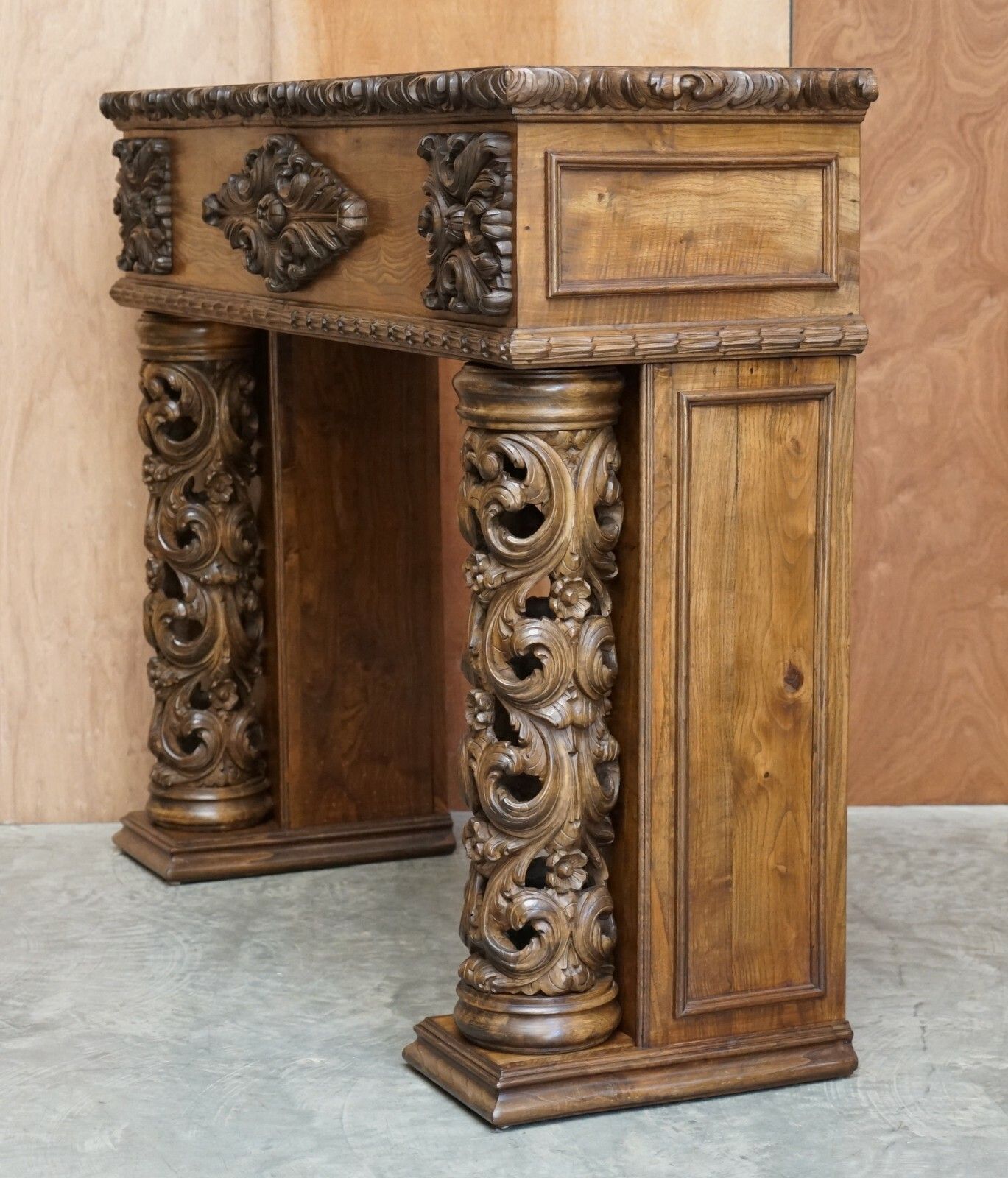 7800.0 Antique Circa 1880 Hand Carved Solid Elm Fireplace Mantlepiece Fretwork Columns photo