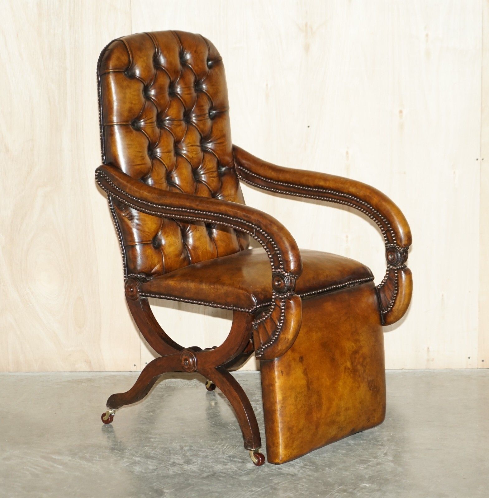 Rare Original Regency X Framed Reclining Brown Leather Chesterfield Armchair photo furniture
