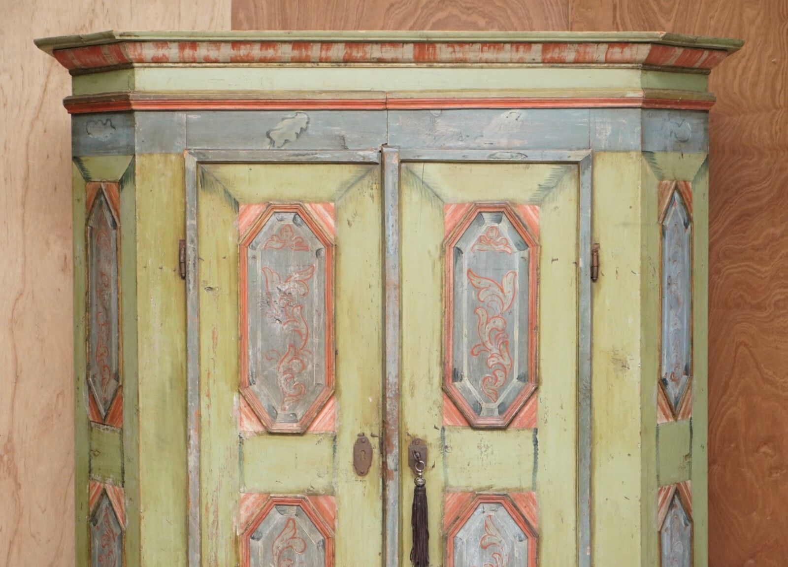 Circa 1800 Sublime Hand Painted European Wardrobe Or House Cupboard In Solid Oak photo for sale