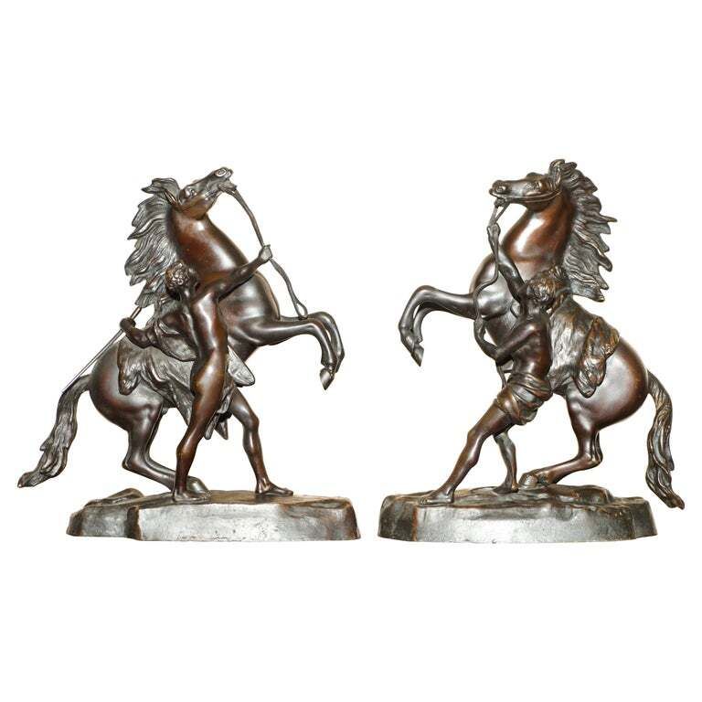 Pair Of Antique Bronze Guillaume Coustou Marly Horses Statues As Seen The Louvre