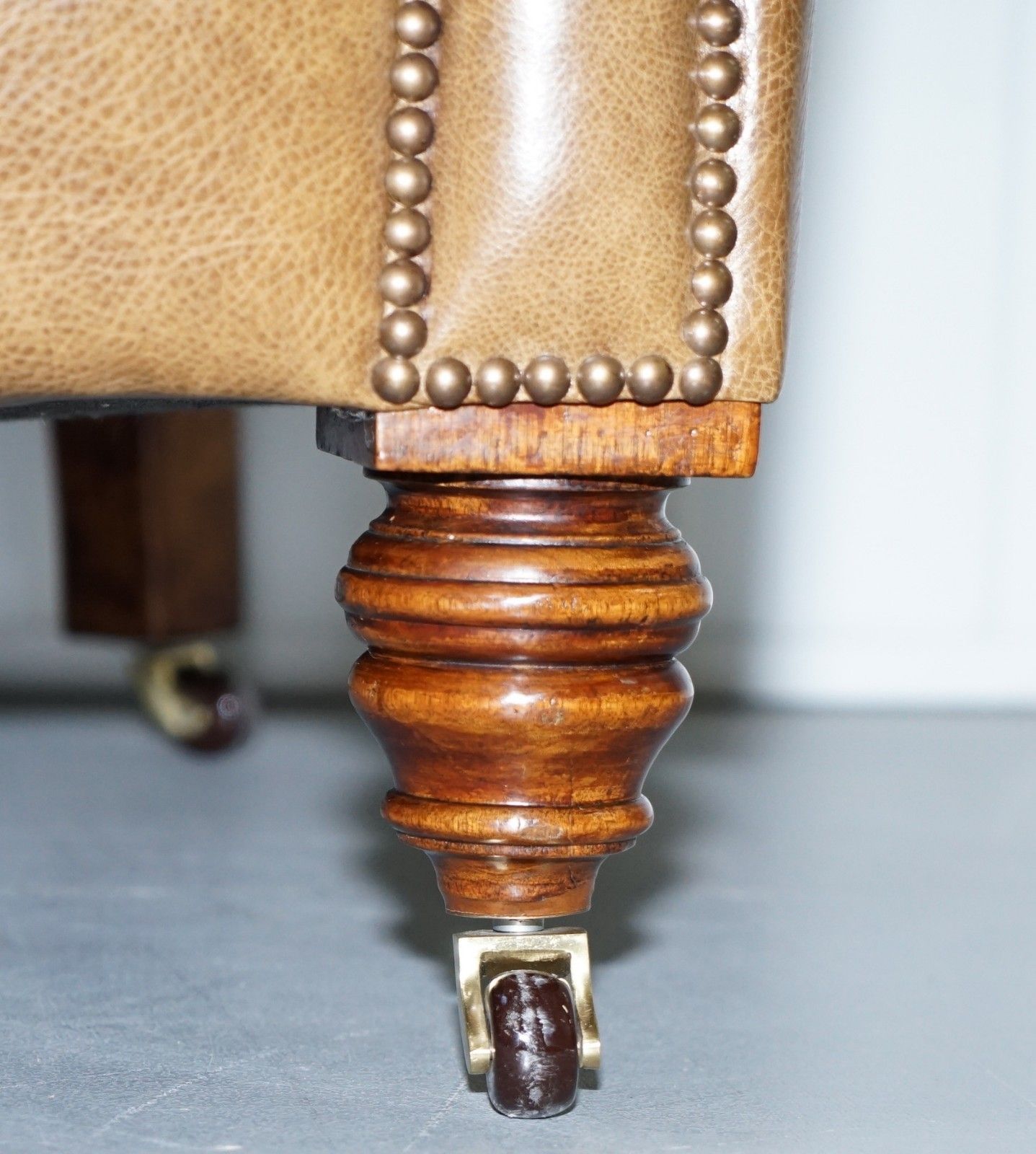 photo for sale Restored Victorian Walnut Framed Chesterfield Club Sofa Heritage Brown Leather
