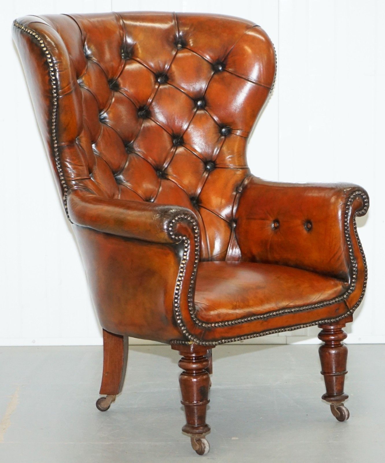 Regency Chesterfield Brown Leather Porters Armchair In The Manor Of Gillows photo for sale