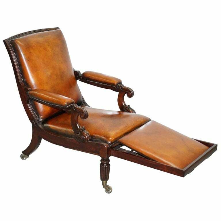Restored William IV Reclining Library Reading Brown Leather Armchair Footstool
