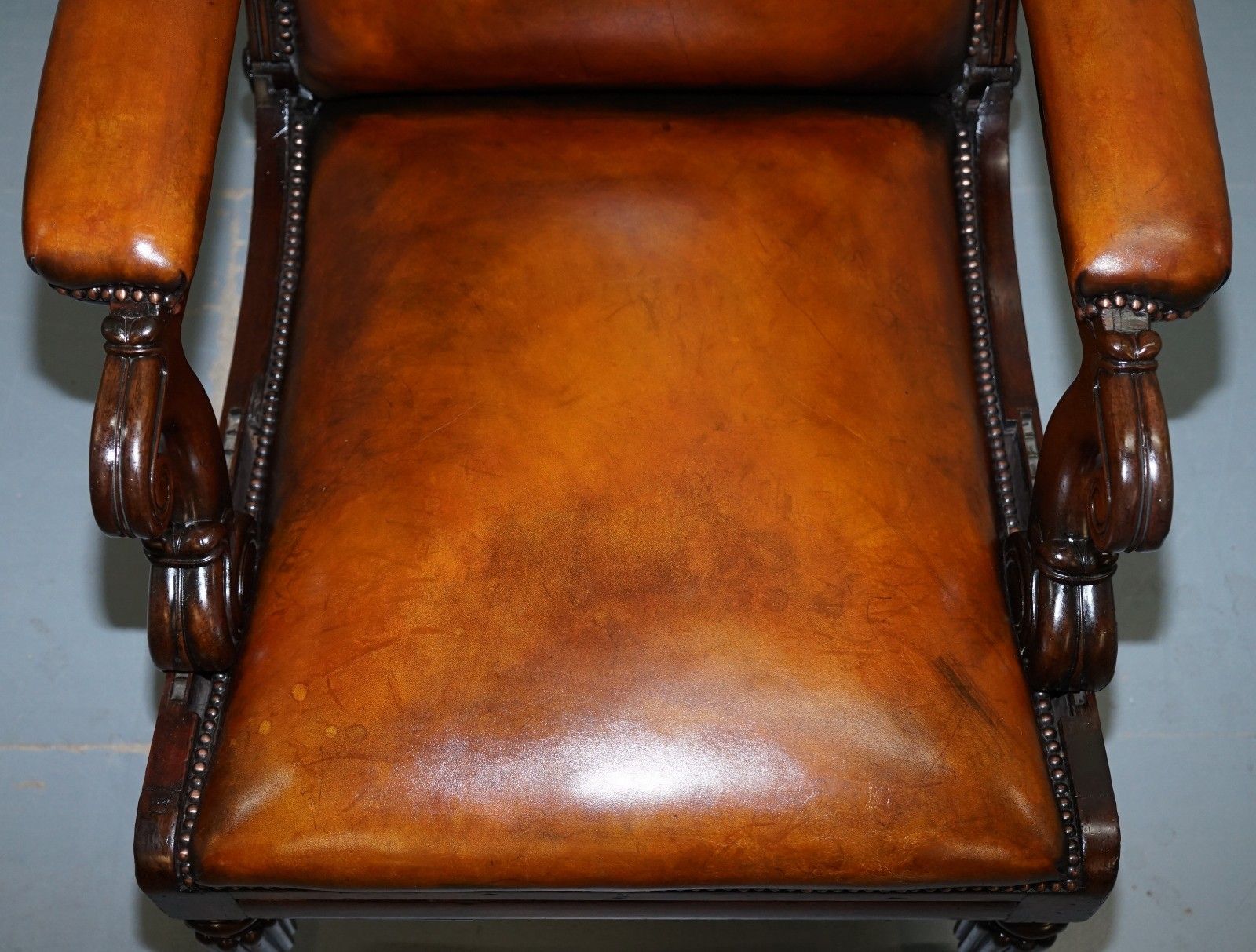 Restored William IV Reclining Library Reading Brown Leather Armchair Footstool photo Furniture